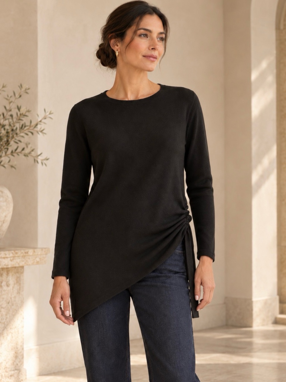 Neiman Marcus Cashmere Collection Black Asymmetrical Tie Hem Sweater S